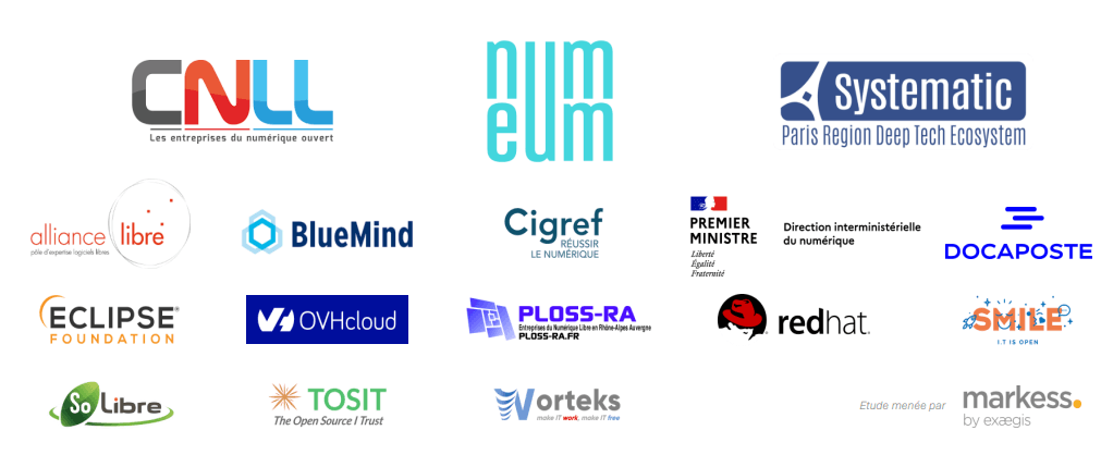 Les partenaires de l'étude : CNLL, Numeum, Systematic Paris Région, Alliance Libre, BlueMind, Cigref, Dinum, Docaposte, Eclipse Fondation, OVHCloud, PLOSS RA, RedHat, Smile, SoLibre, TOSIT, Worteks, Markess